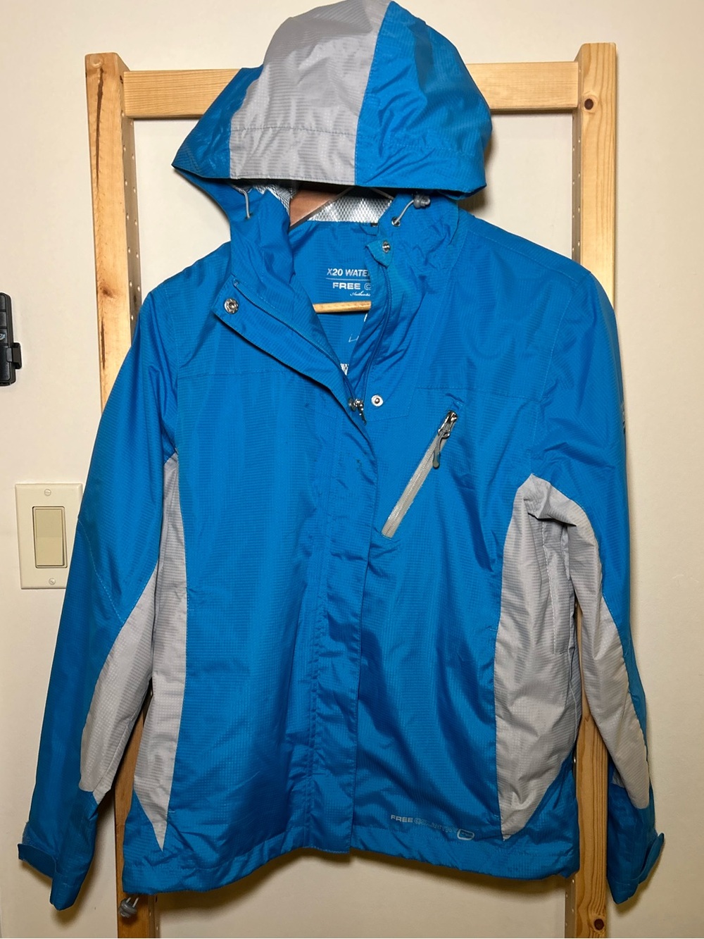 Waterproof Rain Jacket Blue/Gray Hooded Multi-Pocket size M